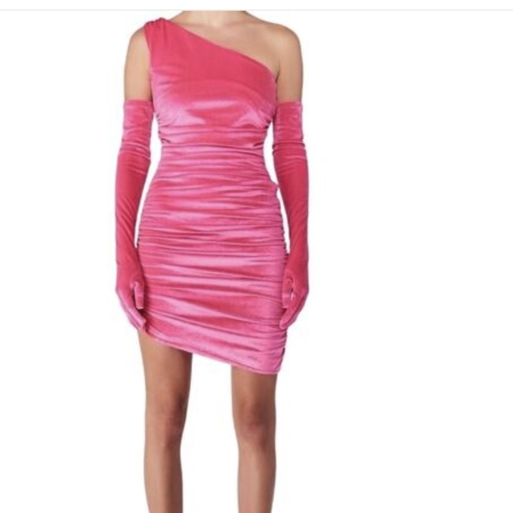 Miscreants Dress Ruched Velvet One Shoulder with Gloves Pink Size 10 NWOT - Picture 7 of 7